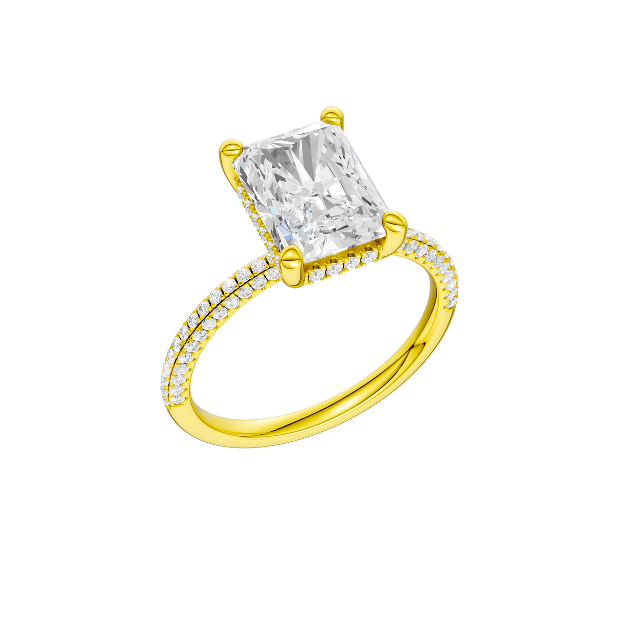 A three-quarter view of the Radiant cut diamond engagement ring in 14k yellow gold with a pavé diamond band and cathedral setting