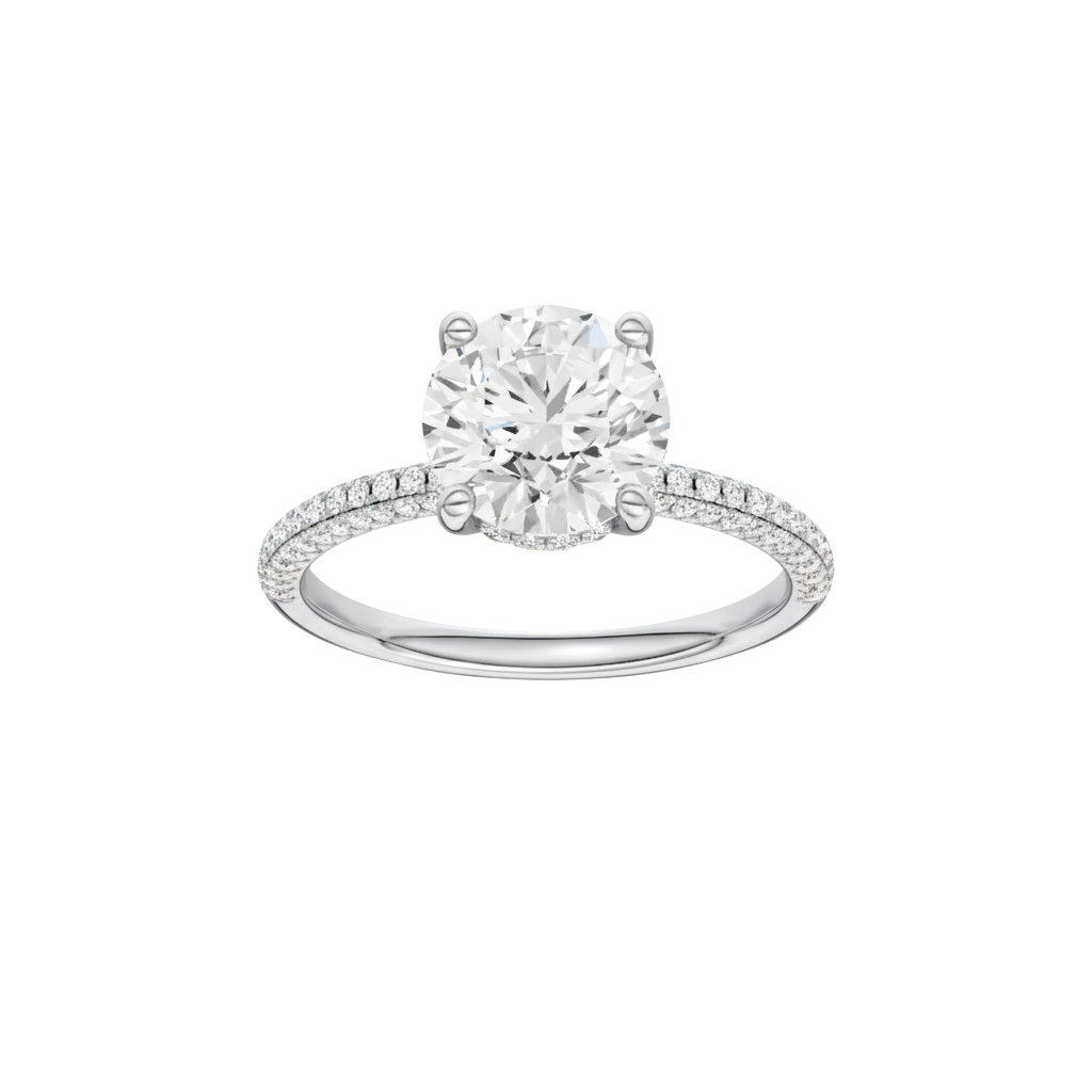 A front view of the Round cut diamond engagement ring in 14k white gold with a pavé diamond band and cathedral setting