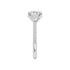 A side view of the Round cut diamond engagement ring in 14k white gold with a pavé diamond band and cathedral setting