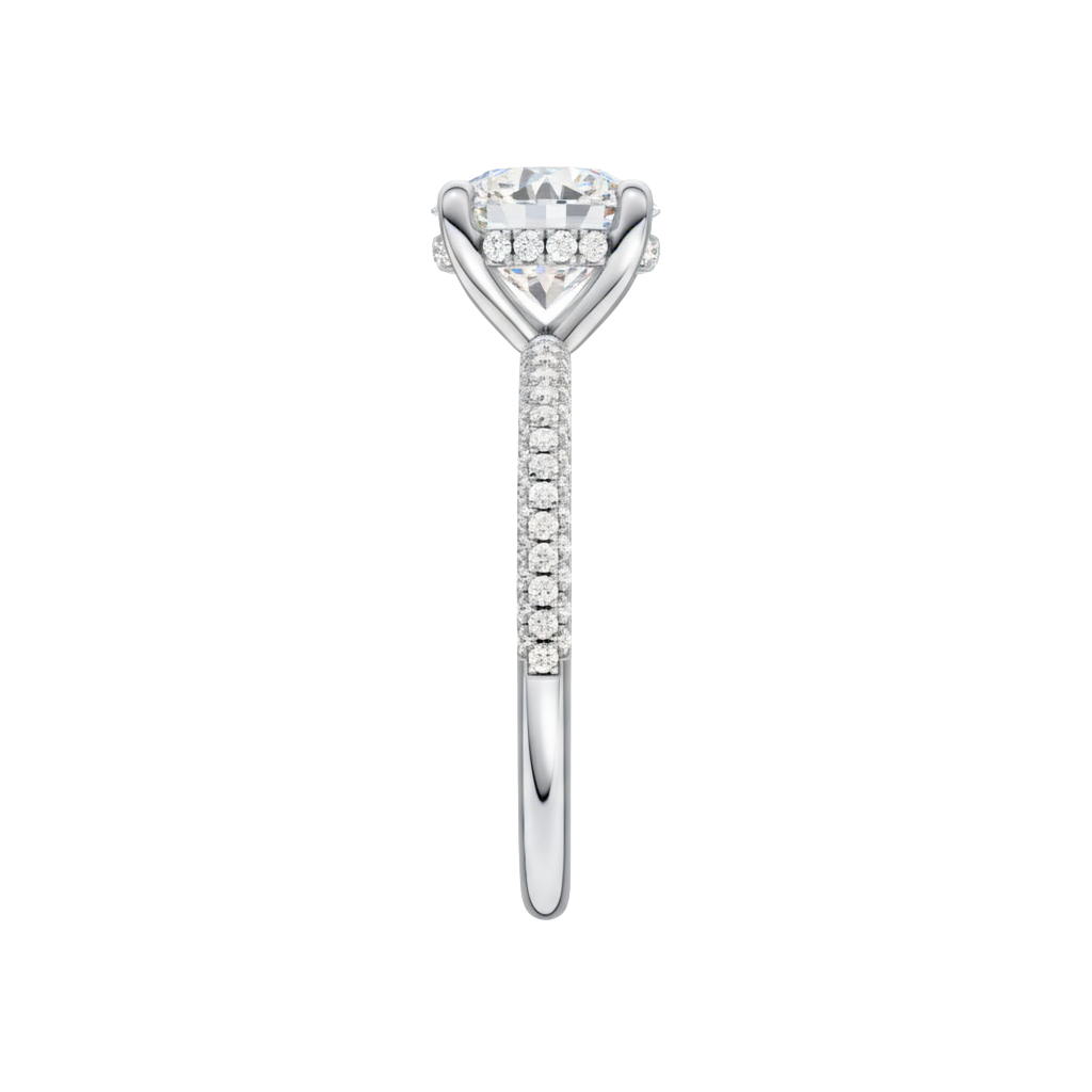 A side view of the Round cut diamond engagement ring in 14k white gold with a pavé diamond band and cathedral setting