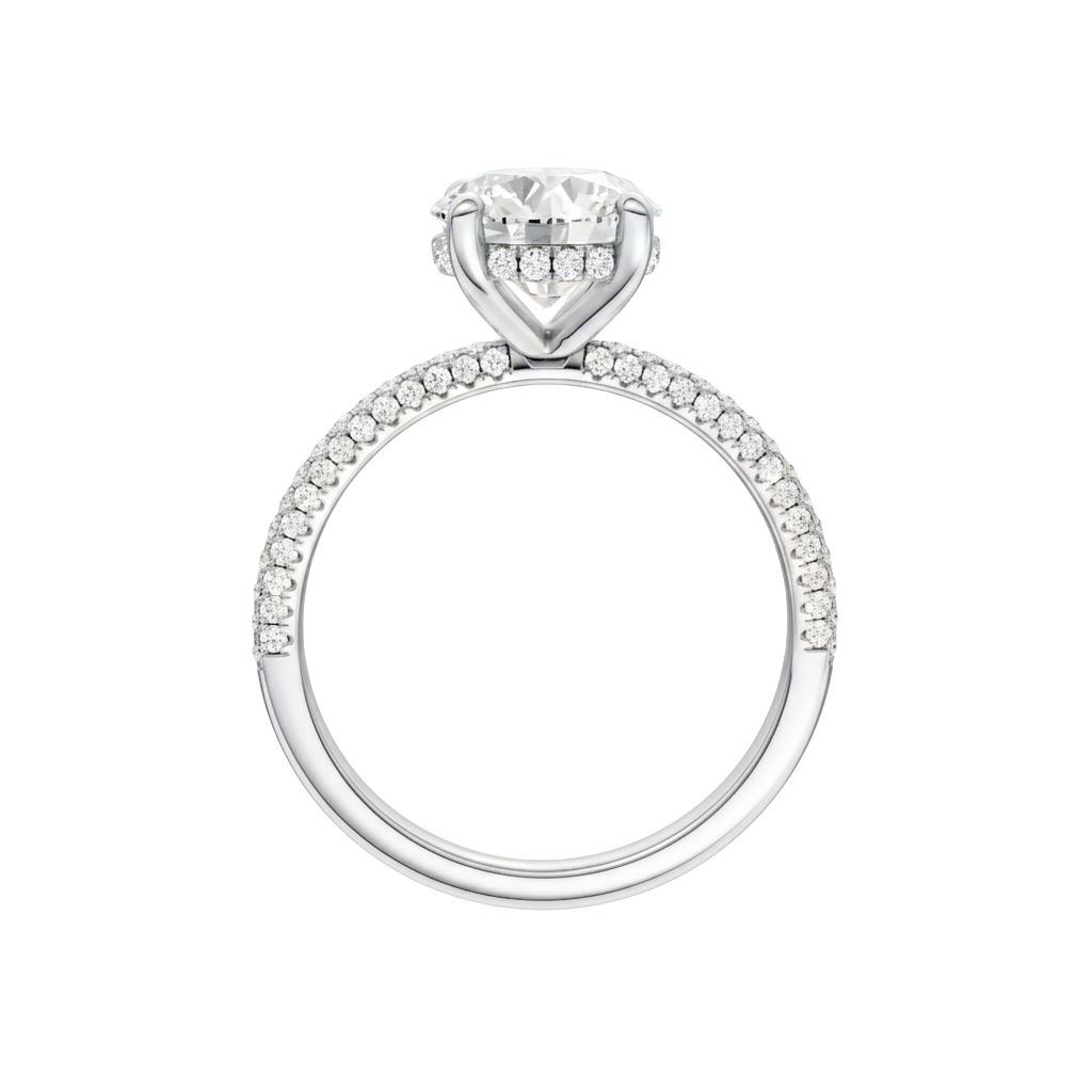 A profile view of the Round cut diamond engagement ring in platinum with a pavé diamond band and cathedral setting