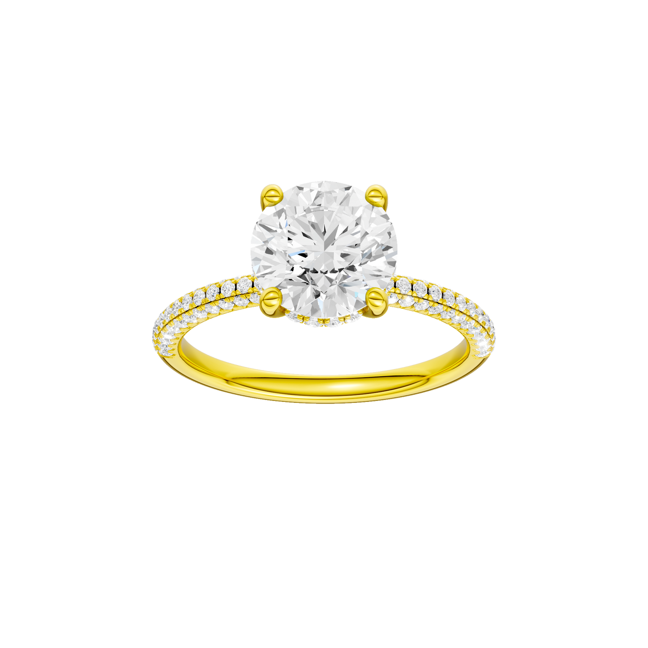 A front view of the Round cut diamond engagement ring in 14k yellow gold with a pavé diamond band and cathedral setting