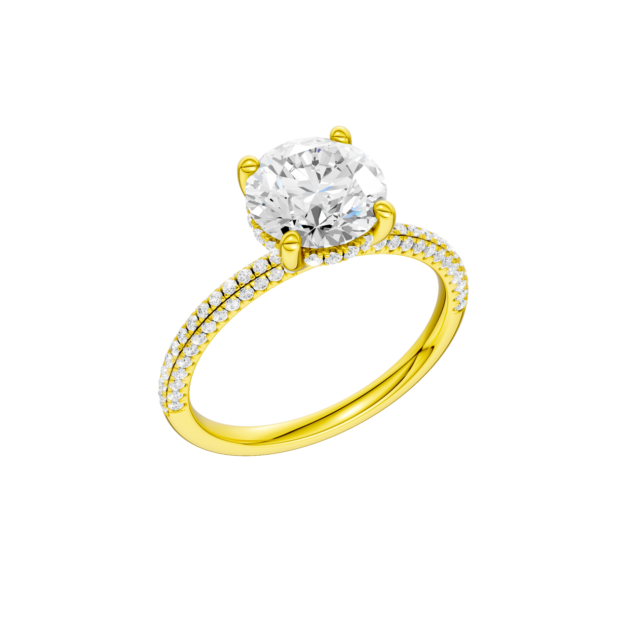 A three-quarter view of the Round cut diamond engagement ring in 14k yellow gold with a pavé diamond band and cathedral setting