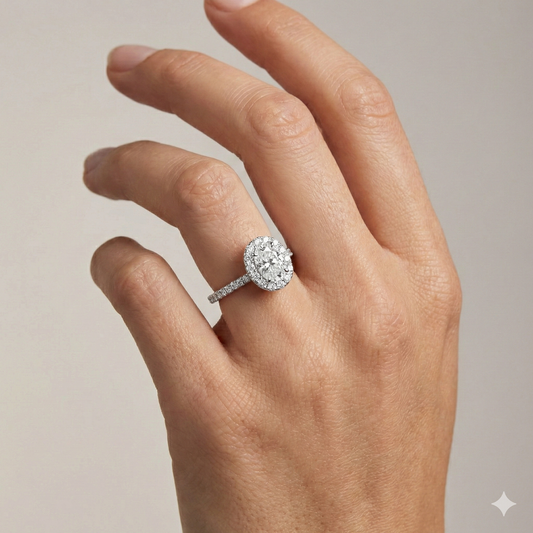Elongated cushion cut diamond engagement ring in 14k white gold with a pavé diamond band and solitaire setting on a hand