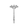 A side view of the Elongated cushion cut diamond engagement ring in platinum with a pavé diamond band and solitaire setting