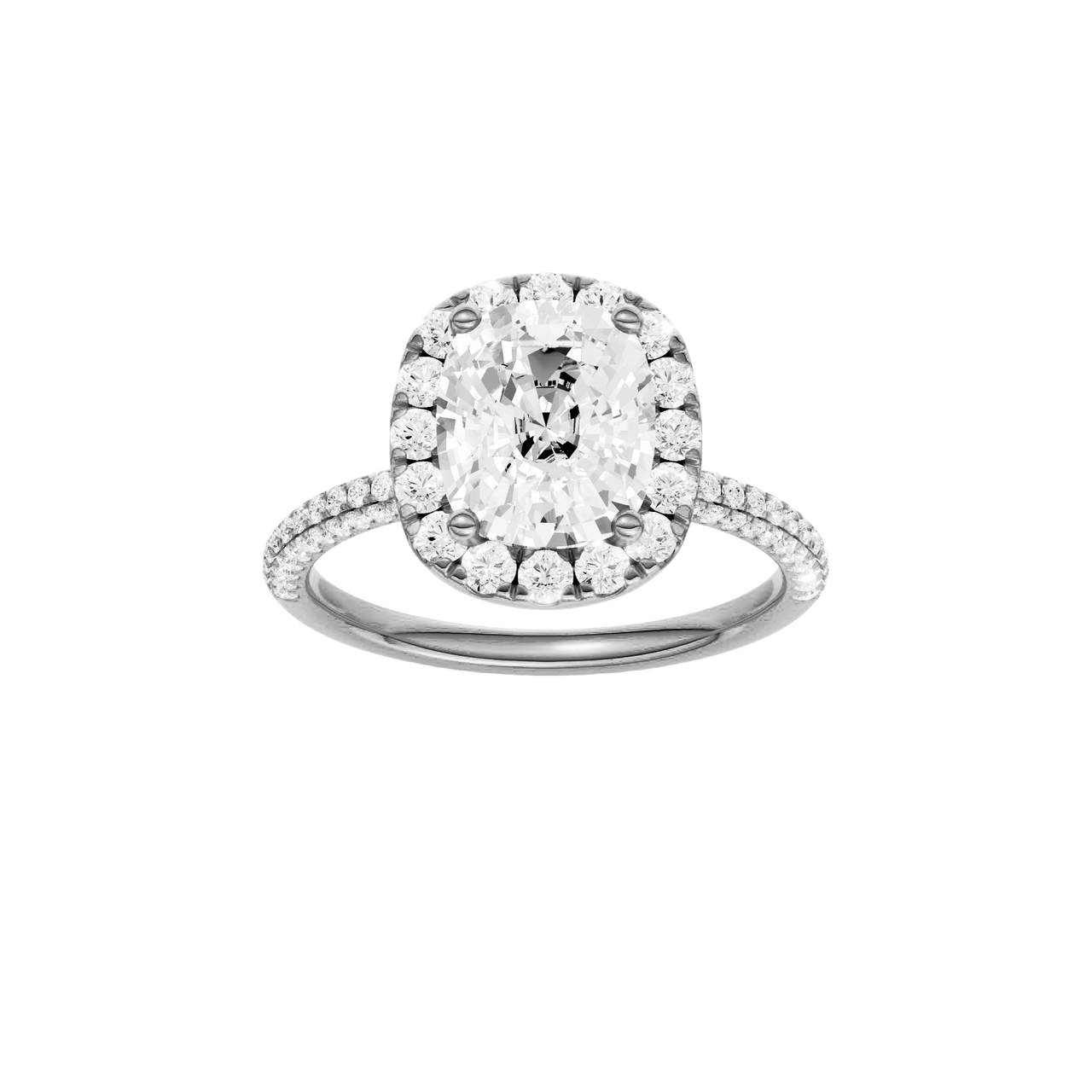 A front view of the Elongated cushion cut diamond engagement ring in platinum with a pavé diamond band and solitaire setting