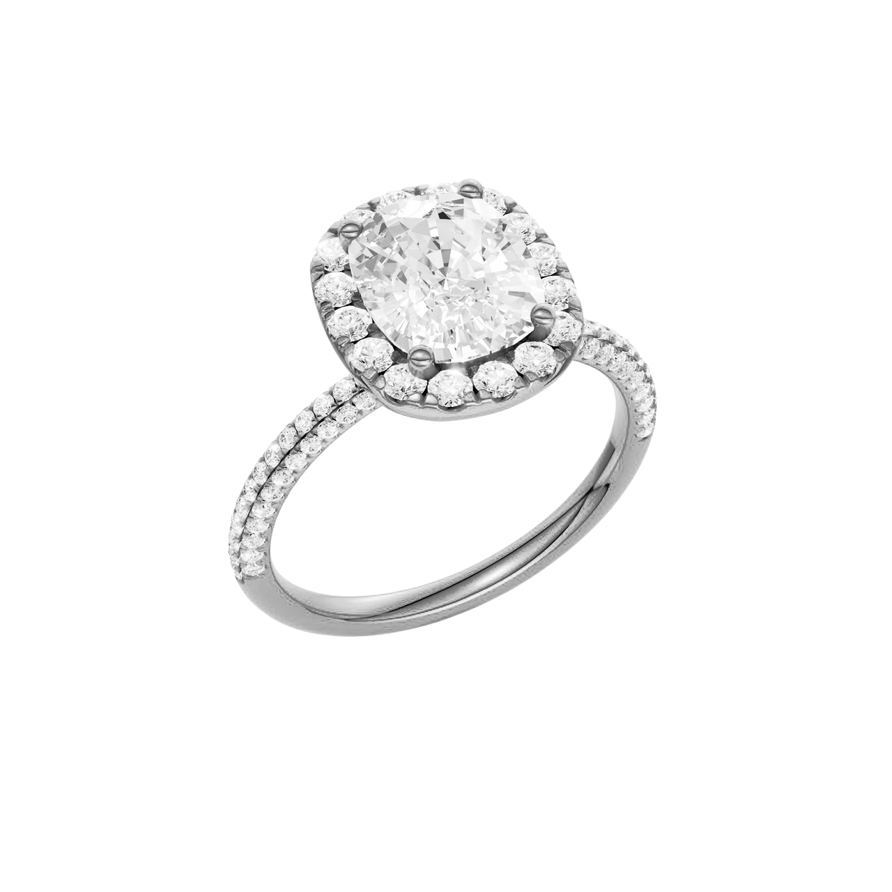 A three-quarter view of the Elongated cushion cut diamond engagement ring in platinum with a pavé diamond band and solitaire setting