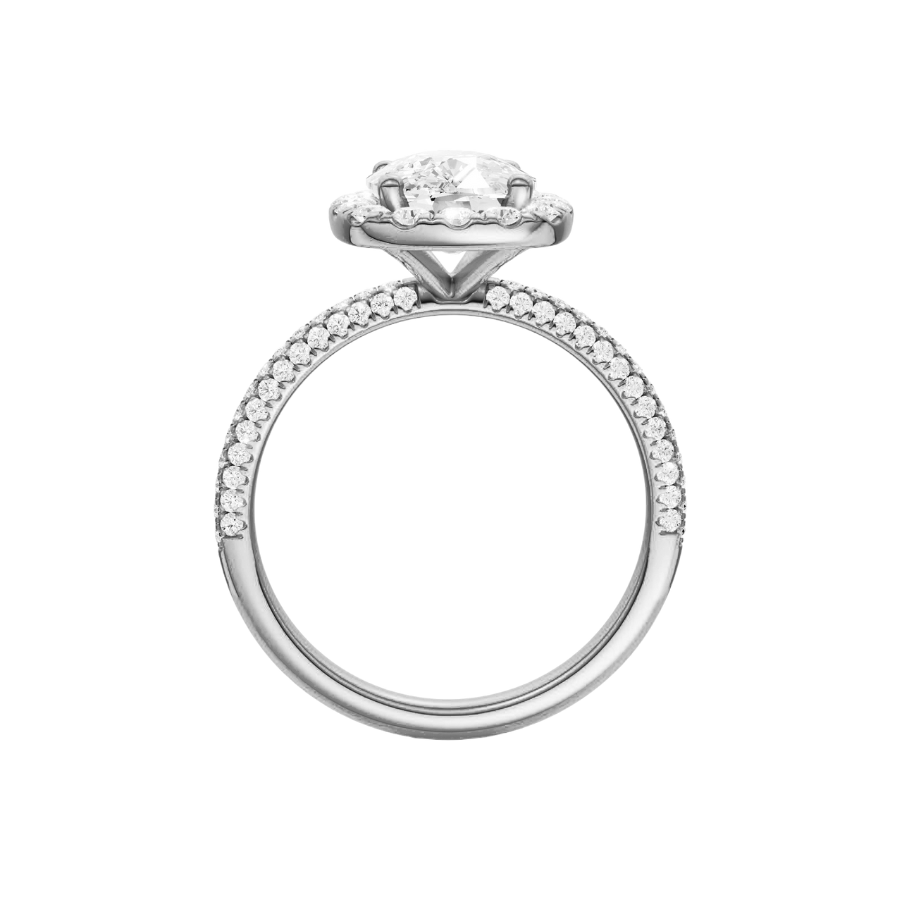 A profile view of the Elongated cushion cut diamond engagement ring in 14k white gold with a pavé diamond band and solitaire setting