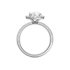 A profile view of the Elongated cushion cut diamond engagement ring in platinum with a pavé diamond band and solitaire setting