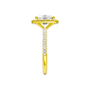 A side view of the Elongated cushion cut diamond engagement ring in 14k yellow gold with a pavé diamond band and solitaire setting