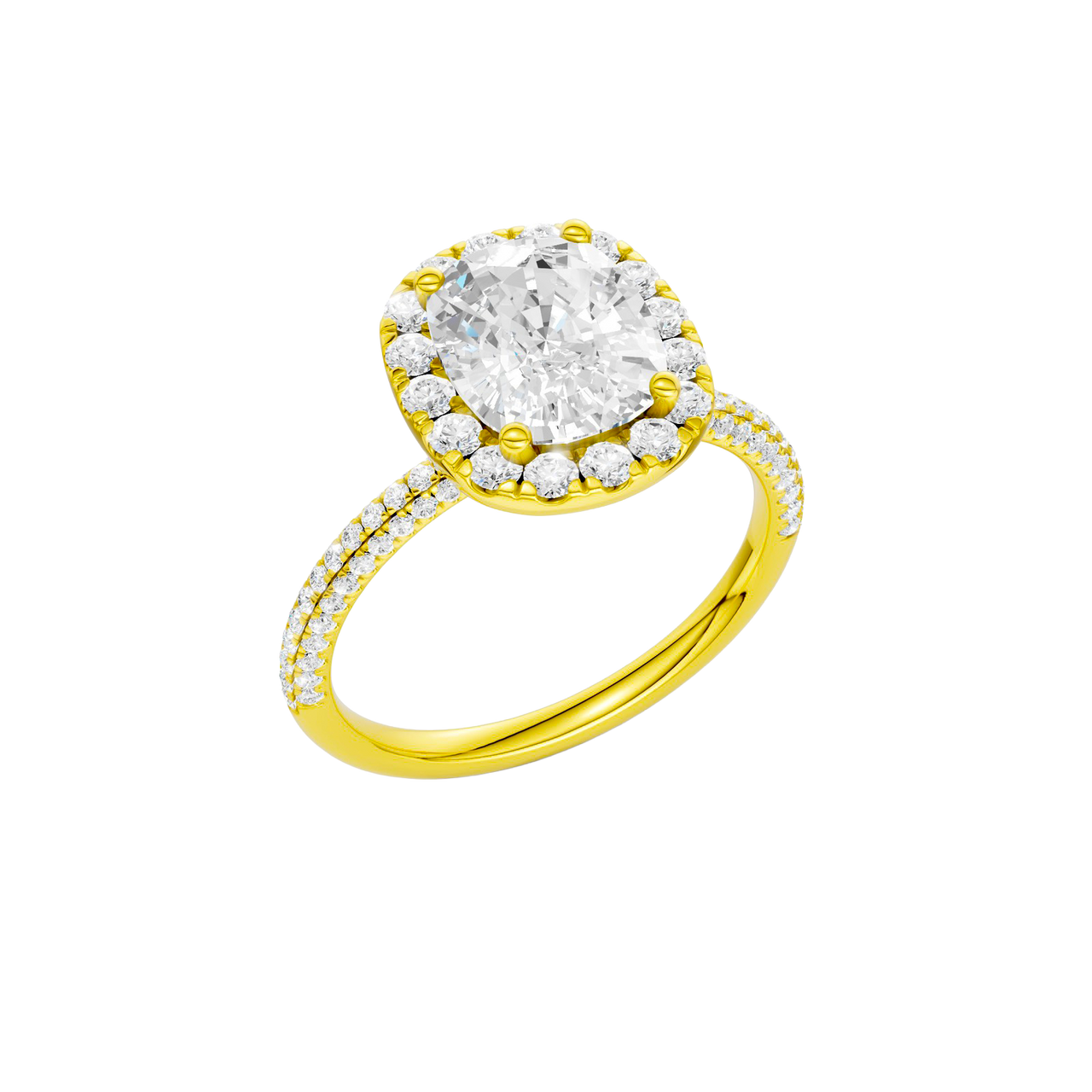 A three-quarter view of the Elongated cushion cut diamond engagement ring in 14k yellow gold with a pavé diamond band and solitaire setting
