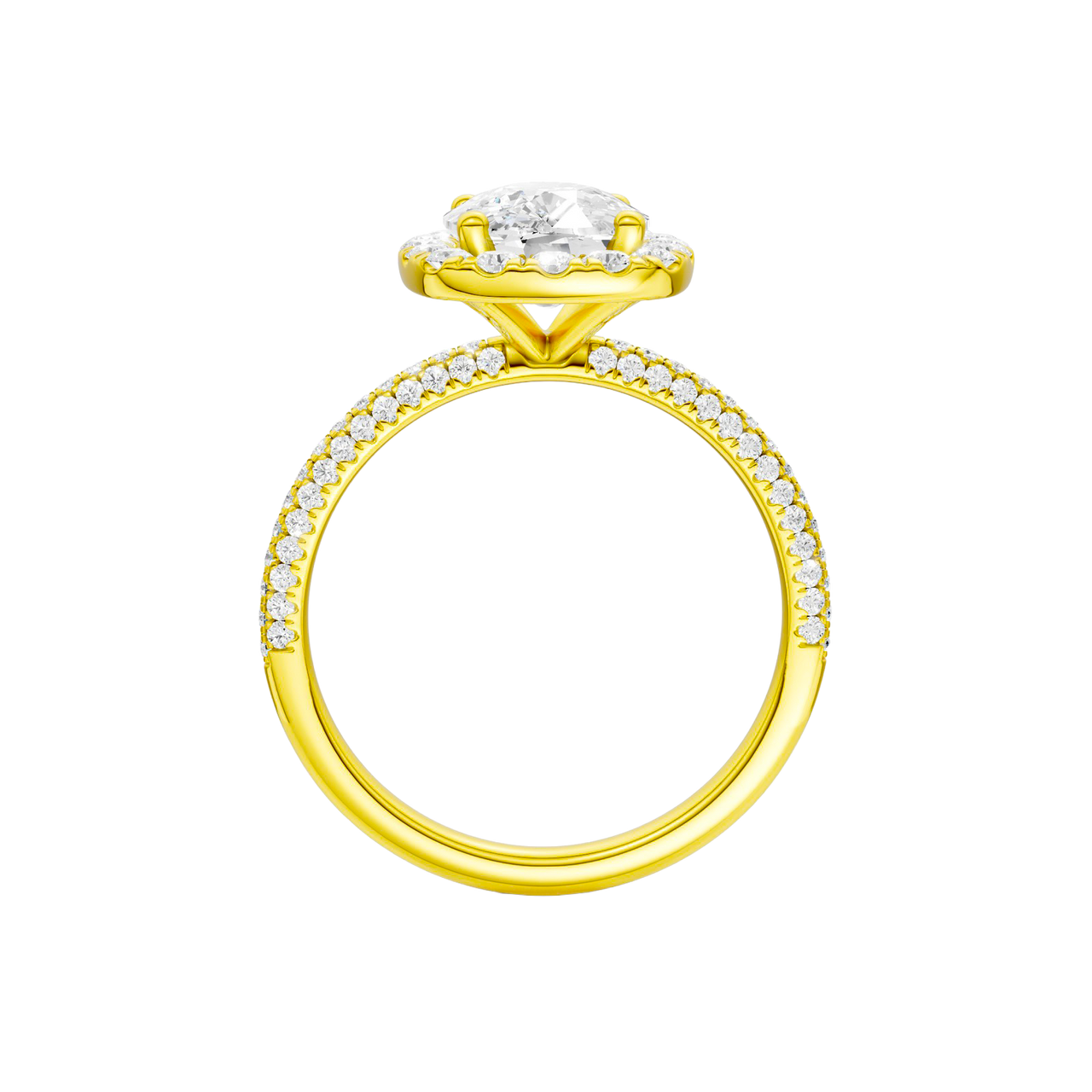 A profile view of the Elongated cushion cut diamond engagement ring in 14k yellow gold with a pavé diamond band and solitaire setting
