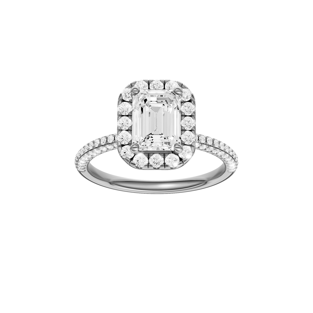 A front view of the Emerald cut diamond engagement ring in 14k white gold with a pavé diamond band and solitaire setting