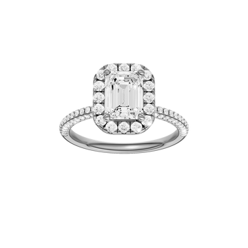 A front view of the Emerald cut diamond engagement ring in 14k white gold with a pavé diamond band and solitaire setting