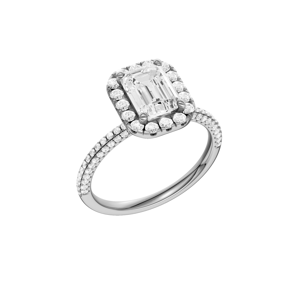 A three-quarter view of the Emerald cut diamond engagement ring in 14k white gold with a pavé diamond band and solitaire setting