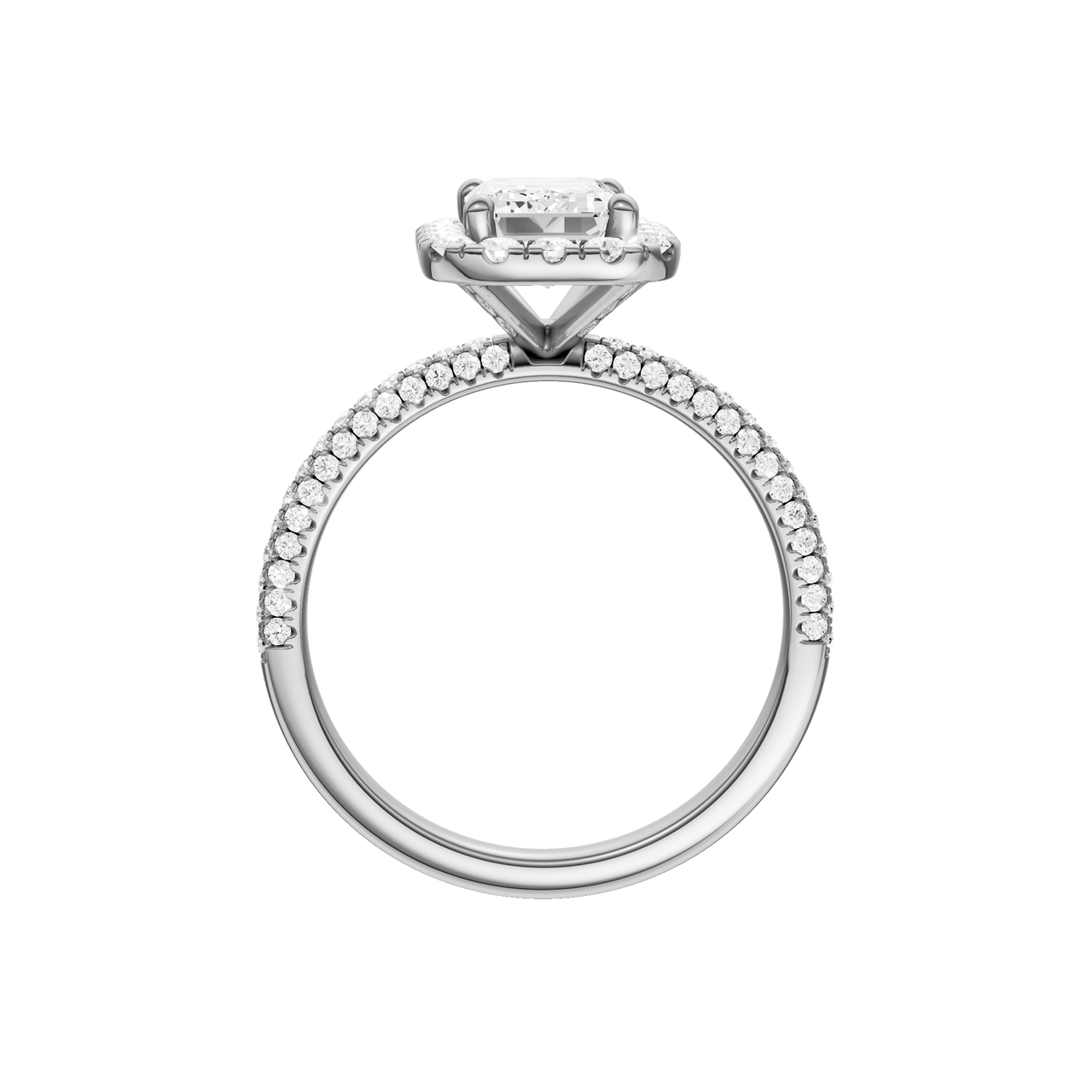 A profile view of the Emerald cut diamond engagement ring in 14k white gold with a pavé diamond band and solitaire setting