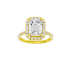 A front view of the Emerald cut diamond engagement ring in 14k yellow gold with a pavé diamond band and solitaire setting