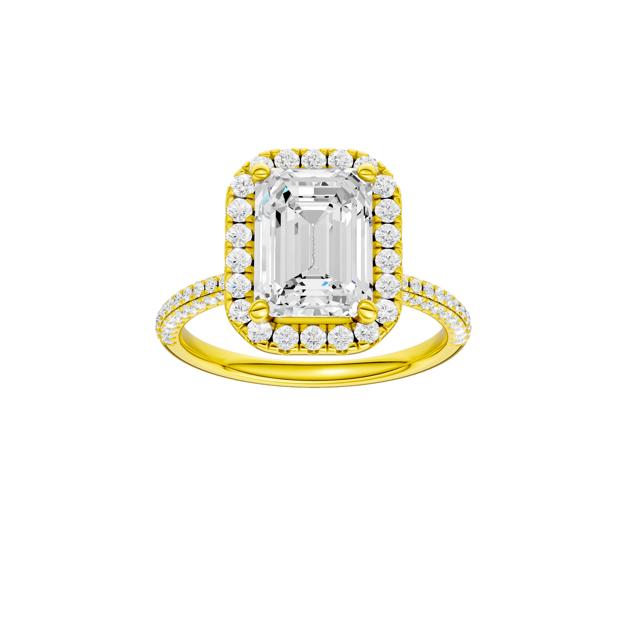 A front view of the Emerald cut diamond engagement ring in 14k yellow gold with a pavé diamond band and solitaire setting
