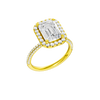 A three-quarter view of the Emerald cut diamond engagement ring in 14k yellow gold with a pavé diamond band and solitaire setting