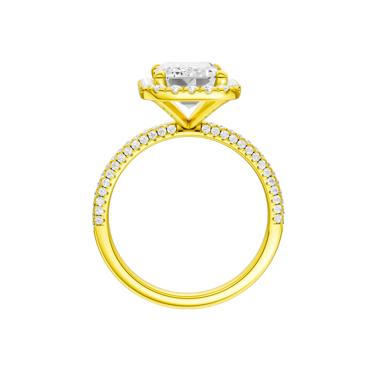 A profile view of the Emerald cut diamond engagement ring in 14k yellow gold with a pavé diamond band and solitaire setting