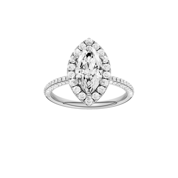 A front view of the Marquise cut diamond engagement ring in 14k white gold with a pavé diamond band and solitaire setting