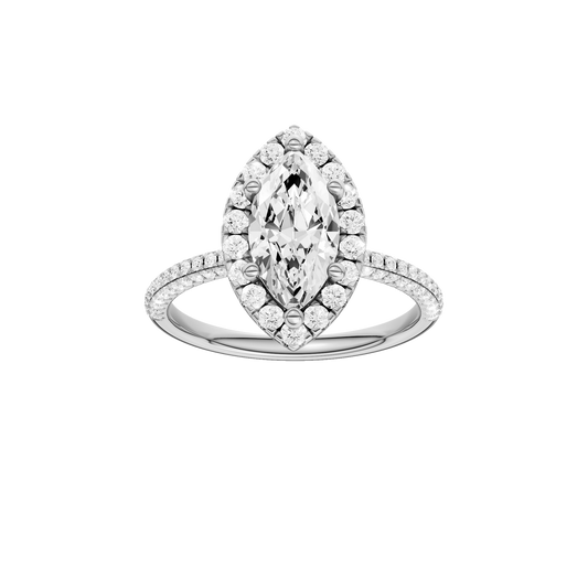 A front view of the Marquise cut diamond engagement ring in 14k white gold with a pavé diamond band and solitaire setting