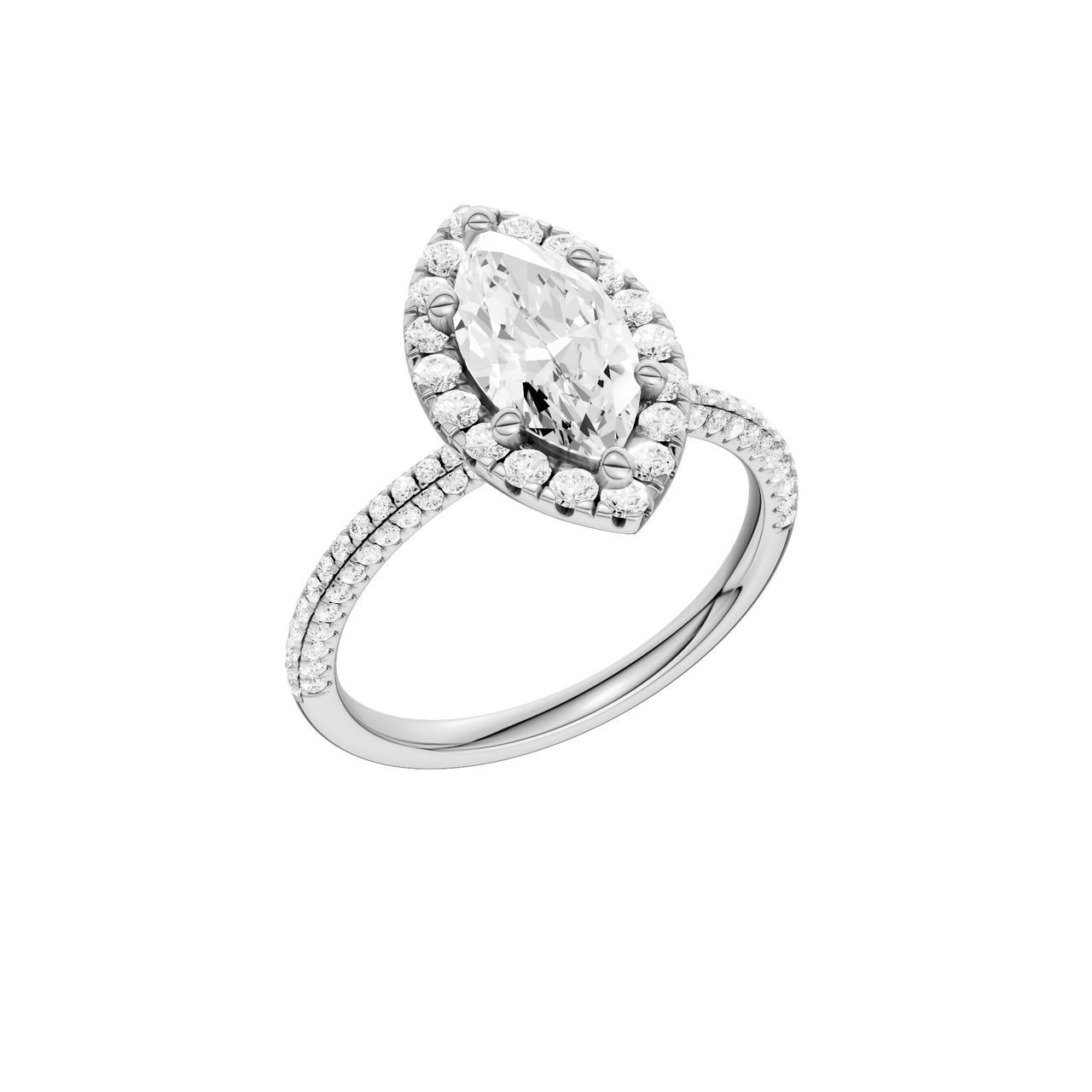 A three-quarter view of the Marquise cut diamond engagement ring in 14k white gold with a pavé diamond band and solitaire setting