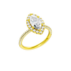 A three-quarter view of the Marquise cut diamond engagement ring in 14k yellow gold with a pavé diamond band and solitaire setting