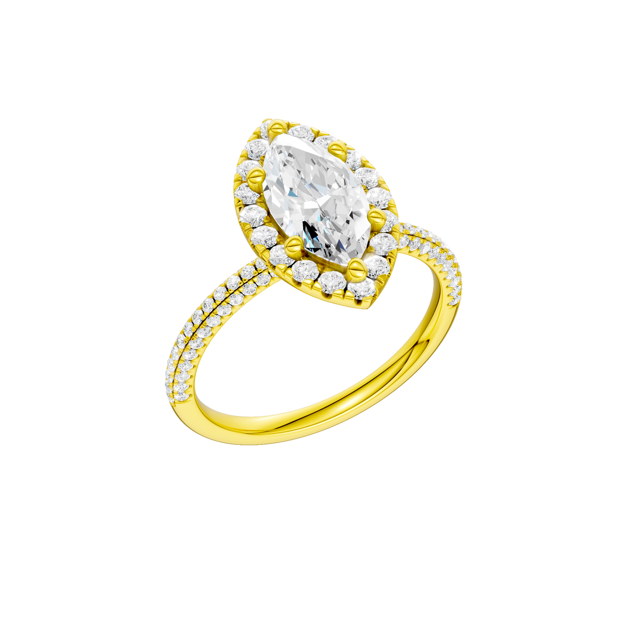 A three-quarter view of the Marquise cut diamond engagement ring in 14k yellow gold with a pavé diamond band and solitaire setting