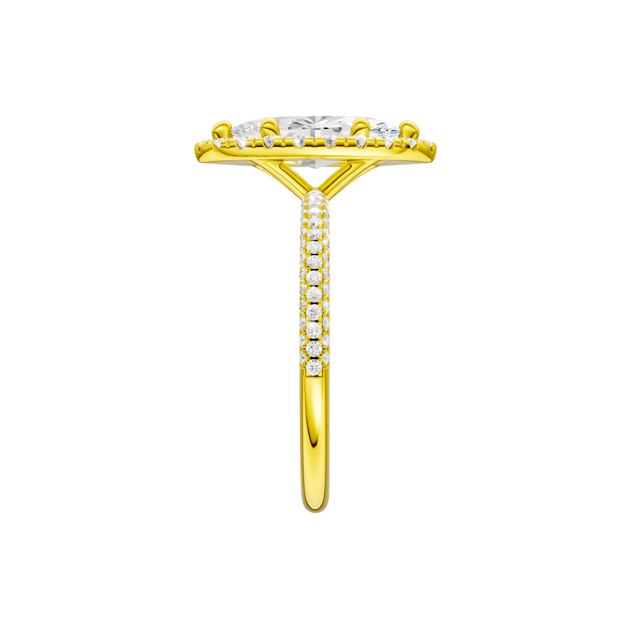 A side view of the Marquise cut diamond engagement ring in 14k yellow gold with a pavé diamond band and solitaire setting