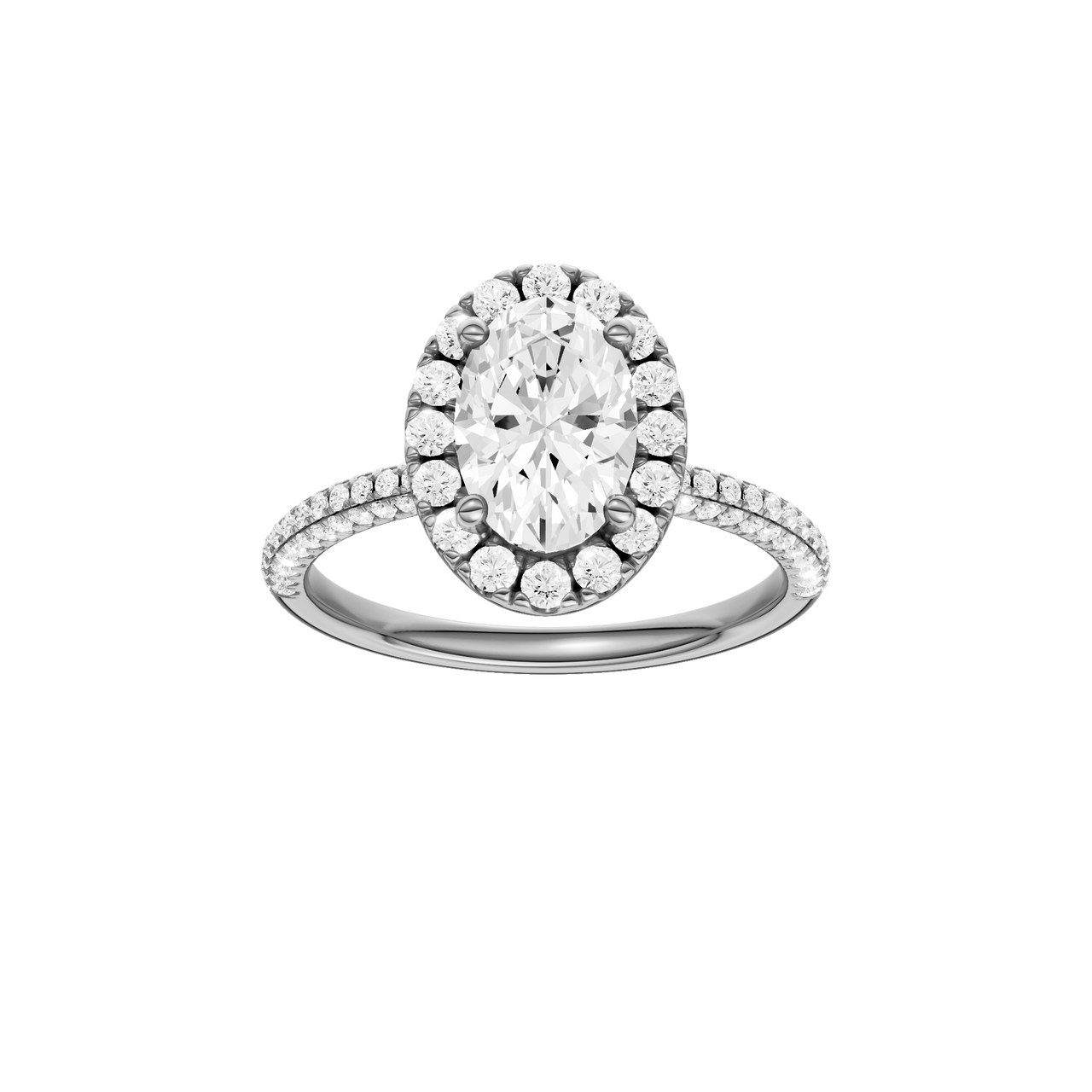 A front view of the oval cut diamond engagement ring in 14k white gold with a pavé diamond band and solitaire setting