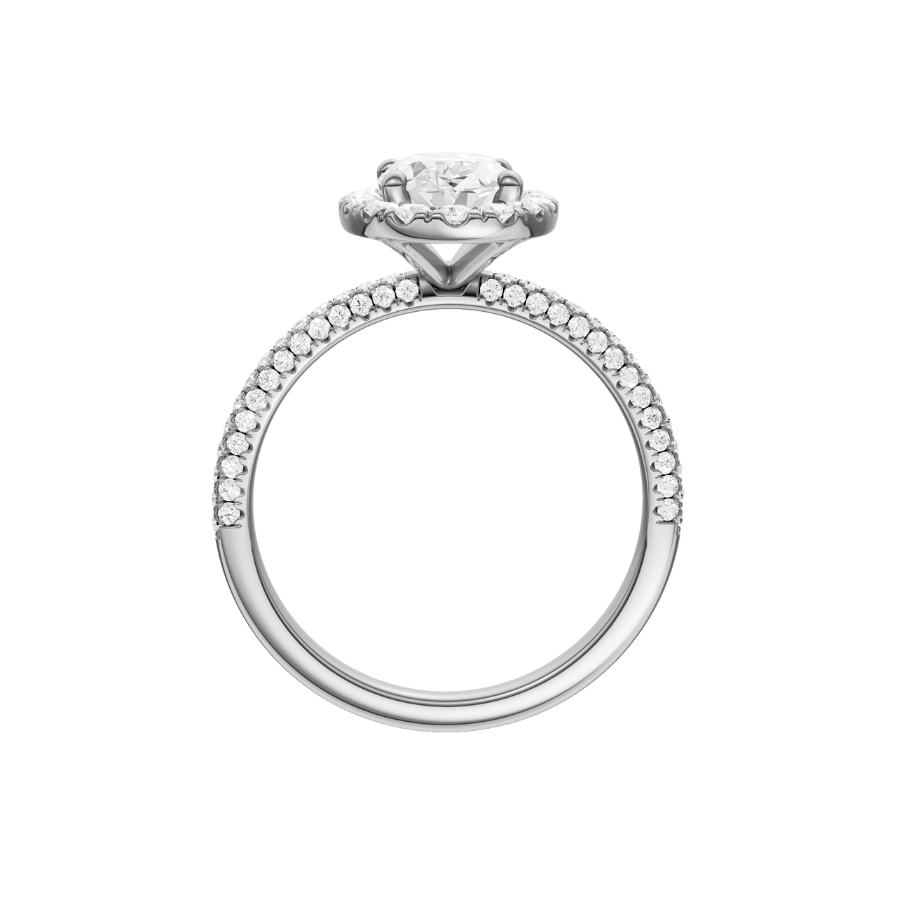 A profile  view of the oval cut diamond engagement ring in 14k white gold with a pavé diamond band and solitaire setting