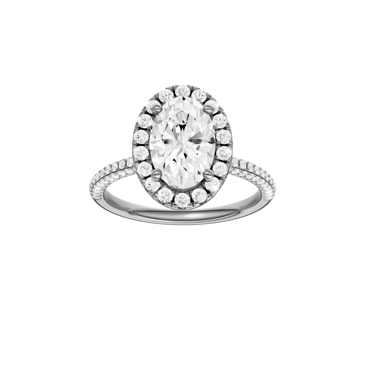 A front view of the oval cut diamond engagement ring in platinum with a pavé diamond band and solitaire setting