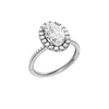 A three-quarter view of the oval cut diamond engagement ring in platinum with a pavé diamond band and solitaire setting