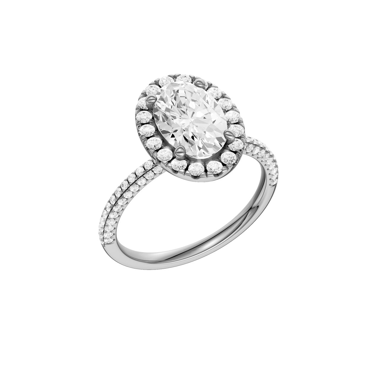 A three-quarter view of the oval cut diamond engagement ring in platinum with a pavé diamond band and solitaire setting