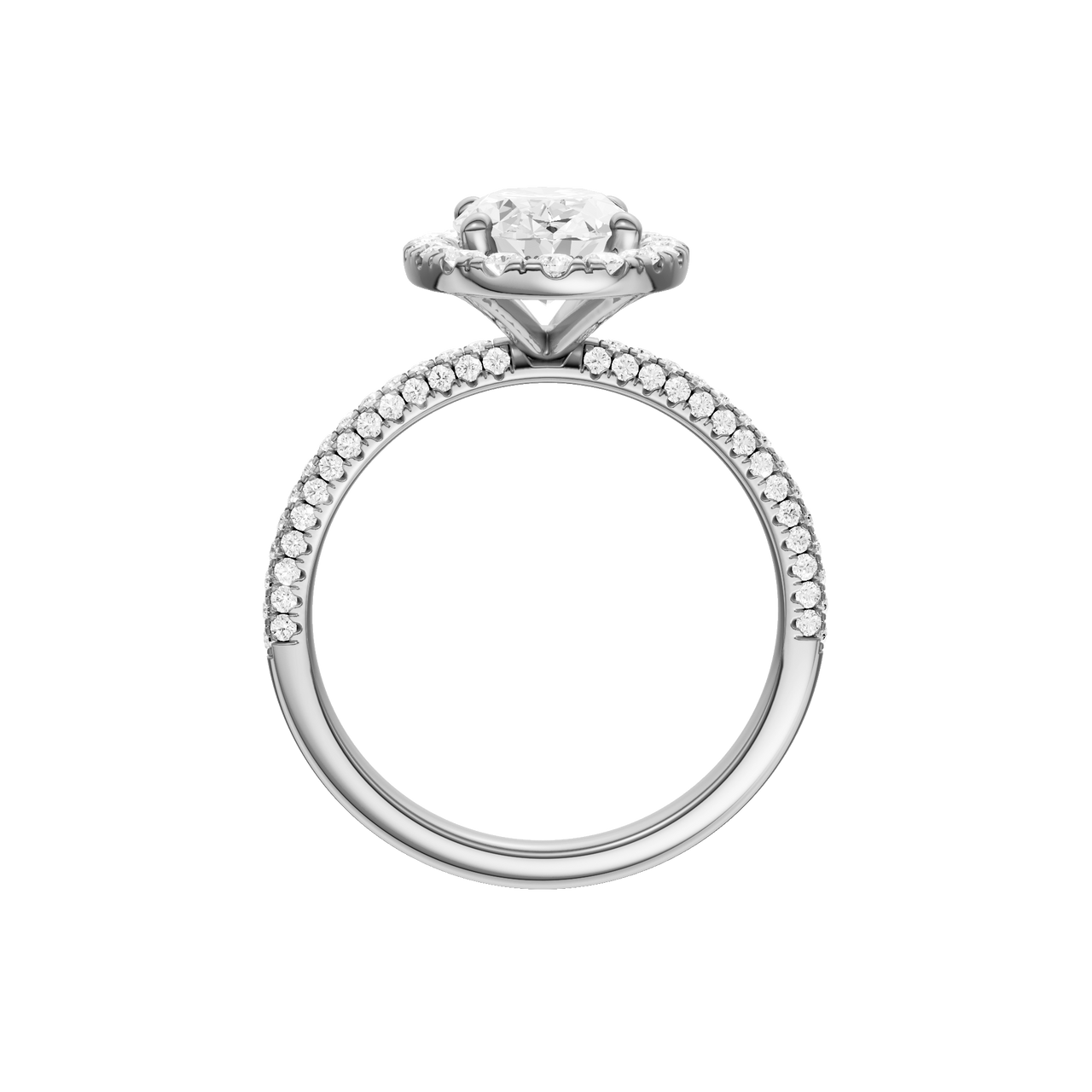 A profile  view of the oval cut diamond engagement ring in platinum with a pavé diamond band and solitaire setting