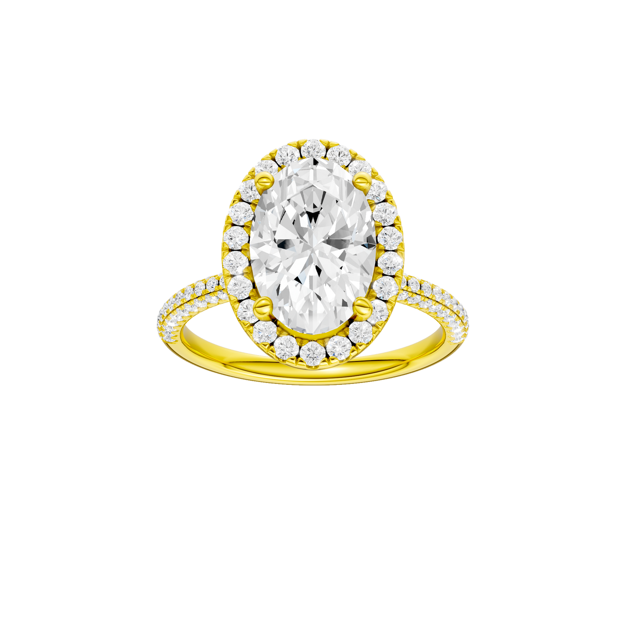 A front view of the oval cut diamond engagement ring in 14k yellow gold with a pavé diamond band and solitaire setting