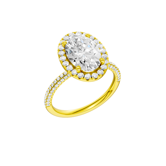 A three-quarter view of the oval cut diamond engagement ring in platinum with a pavé diamond band and solitaire setting