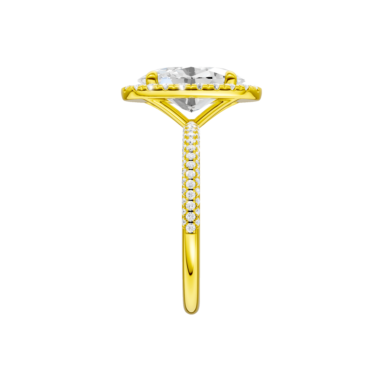 A side view of the oval cut diamond engagement ring in 14k yellow gold with a pavé diamond band and solitaire setting