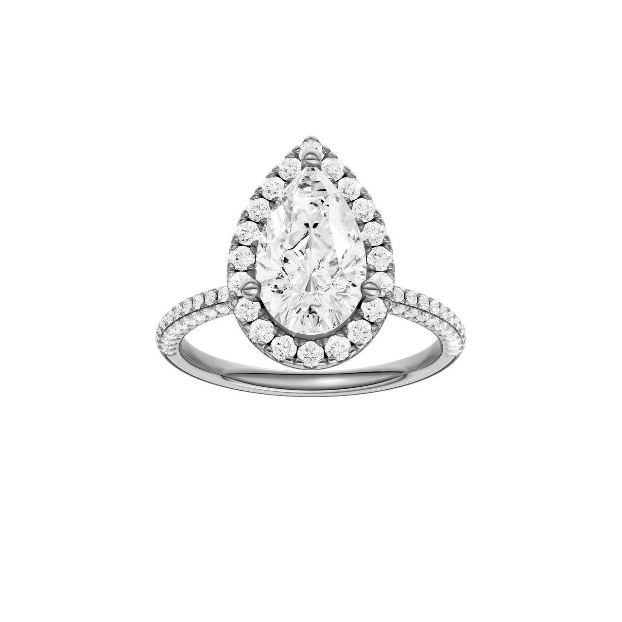 A front view of the Pear cut diamond engagement ring in platinum with a pavé diamond band and solitaire setting