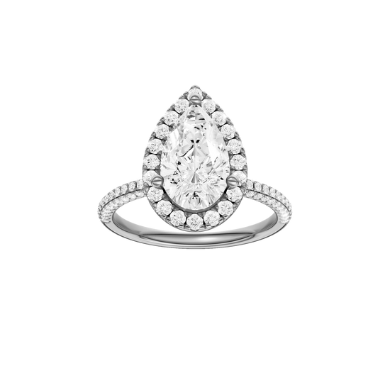 A front view of the Pear cut diamond engagement ring in 14k white gold with a pavé diamond band and solitaire setting