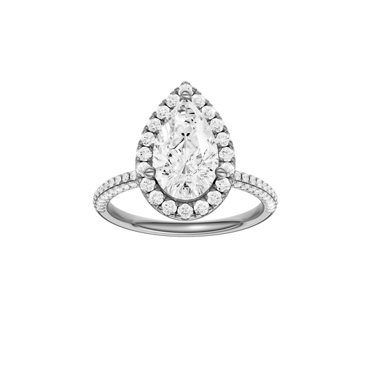 A front view of the Pear cut diamond engagement ring in 14k white gold with a pavé diamond band and solitaire setting
