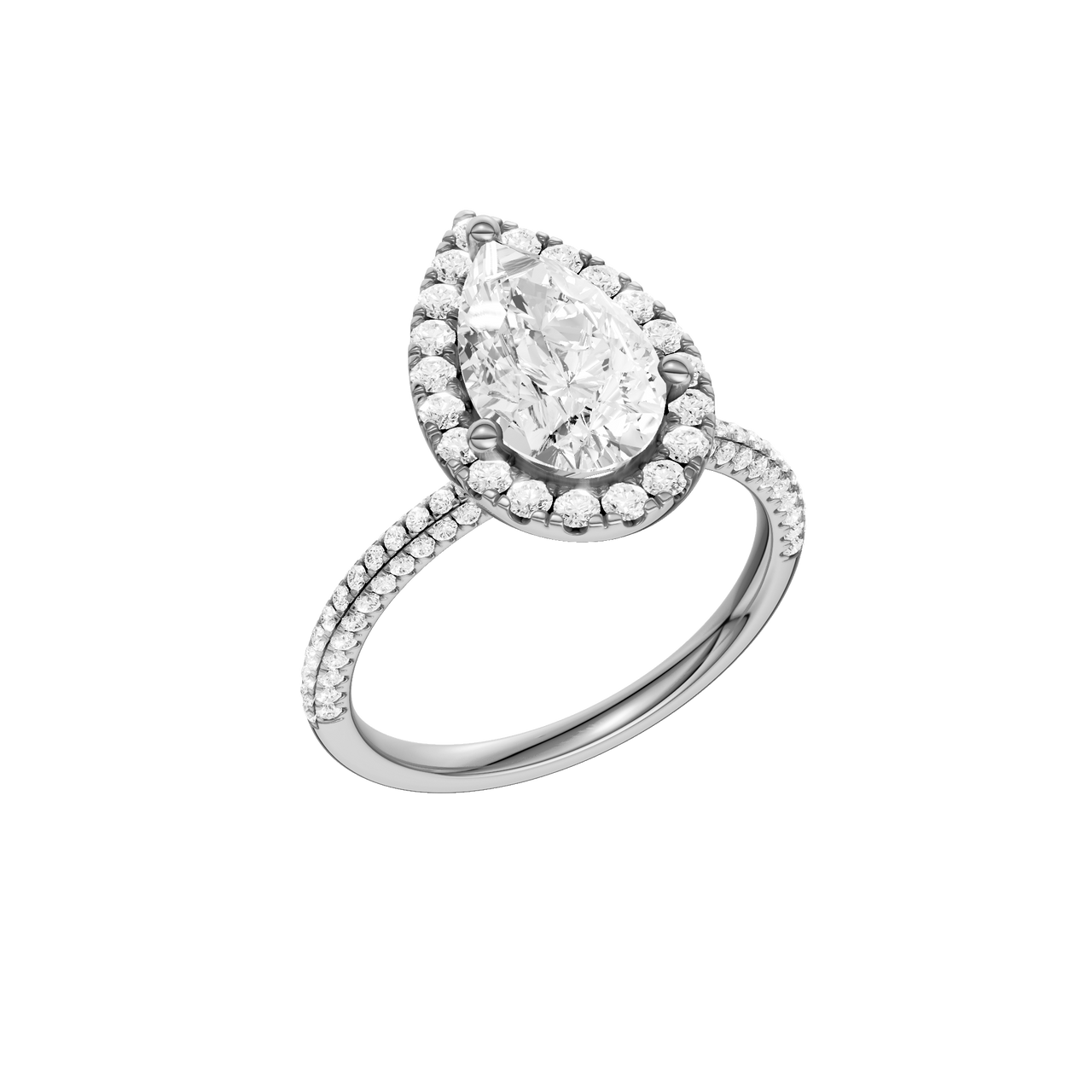 A three-quarter view of the Pear cut diamond engagement ring in platinum with a pavé diamond band and solitaire setting