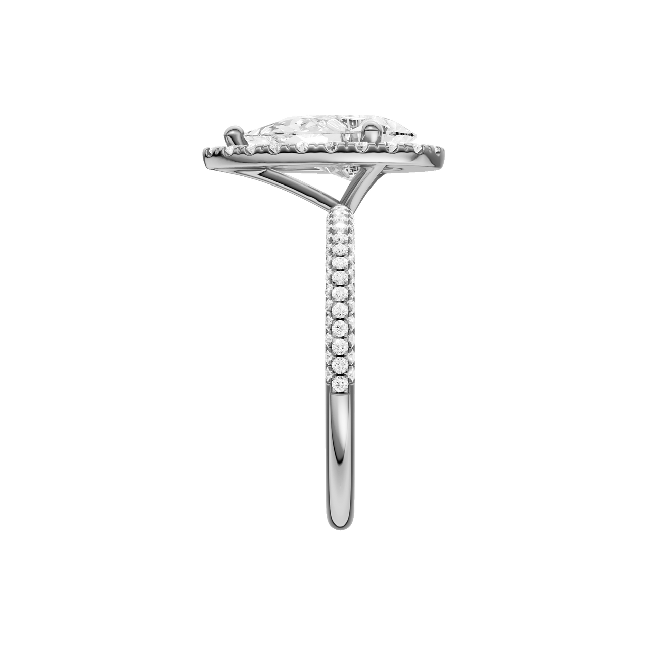 A side view of the Pear cut diamond engagement ring in 14k white gold with a pavé diamond band and solitaire setting