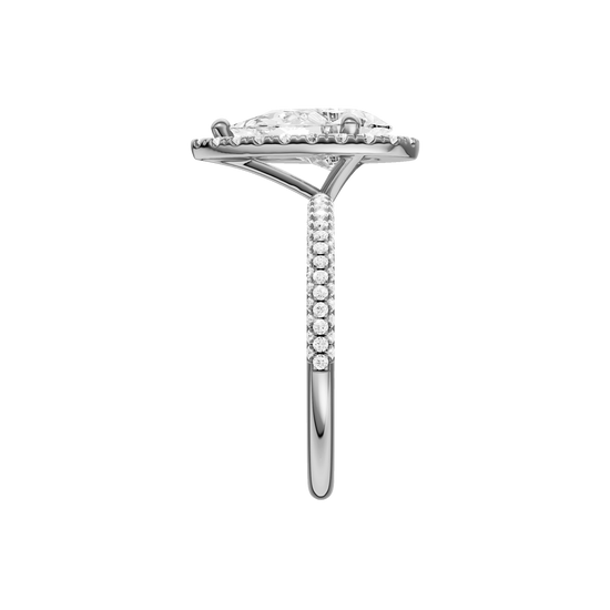 A side view of the Pear cut diamond engagement ring in platinum with a pavé diamond band and solitaire setting