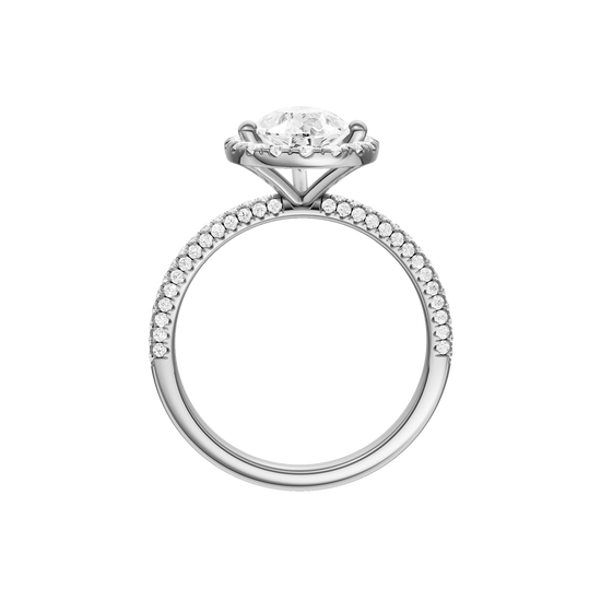 A profile view of the Pear cut diamond engagement ring in platinum with a pavé diamond band and solitaire setting