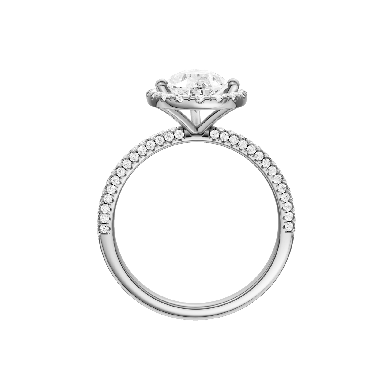 A profile view of the Pear cut diamond engagement ring in 14k white gold with a pavé diamond band and solitaire setting