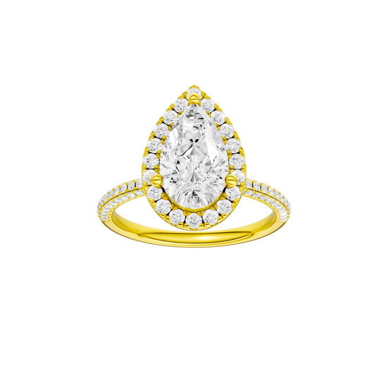 A front view of the Pear cut diamond engagement ring in 14k yellow gold with a pavé diamond band and solitaire setting