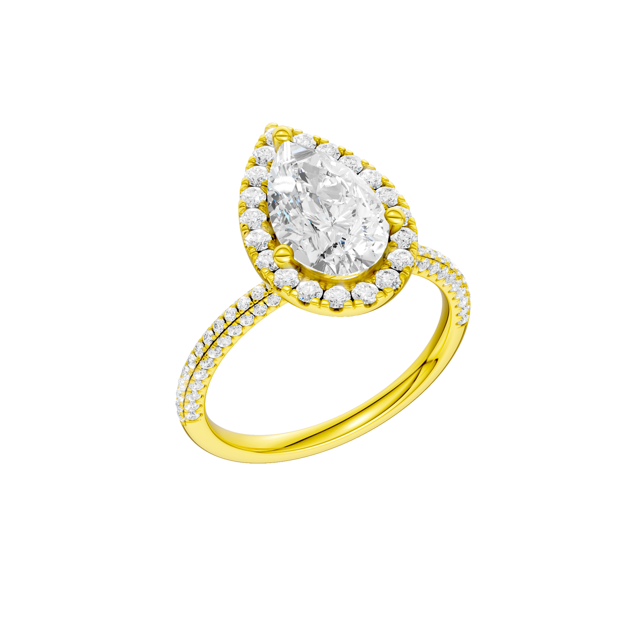 A three-quarter view of the Pear cut diamond engagement ring in 14k yellow gold with a pavé diamond band and solitaire setting