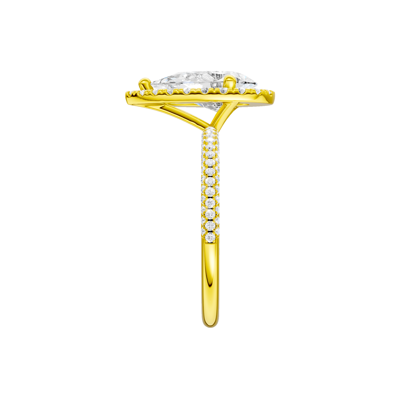 A side view of the Pear cut diamond engagement ring in 14k yellow gold with a pavé diamond band and solitaire setting